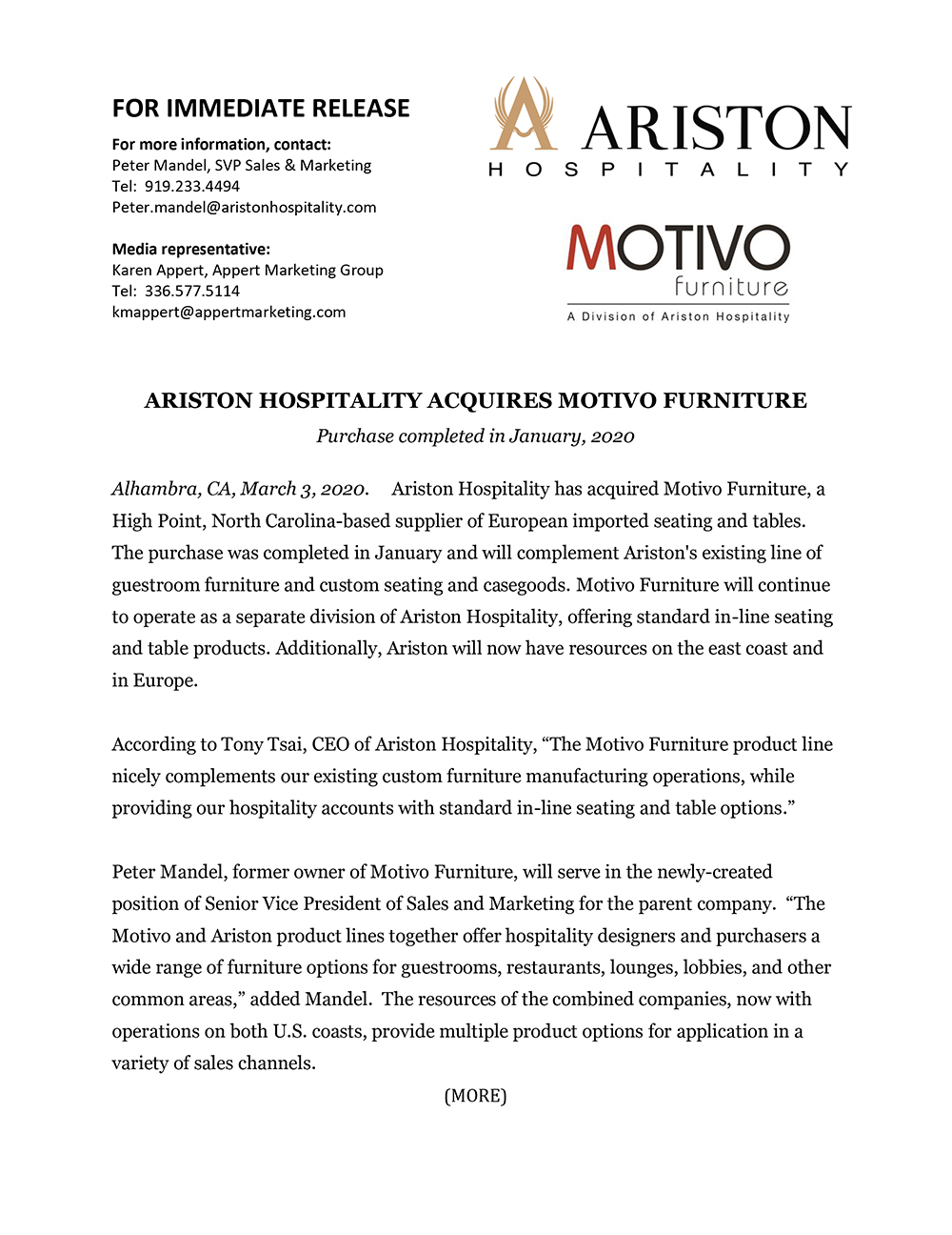 Ariston Hospitality Acquires Motivo Furniture Press Release